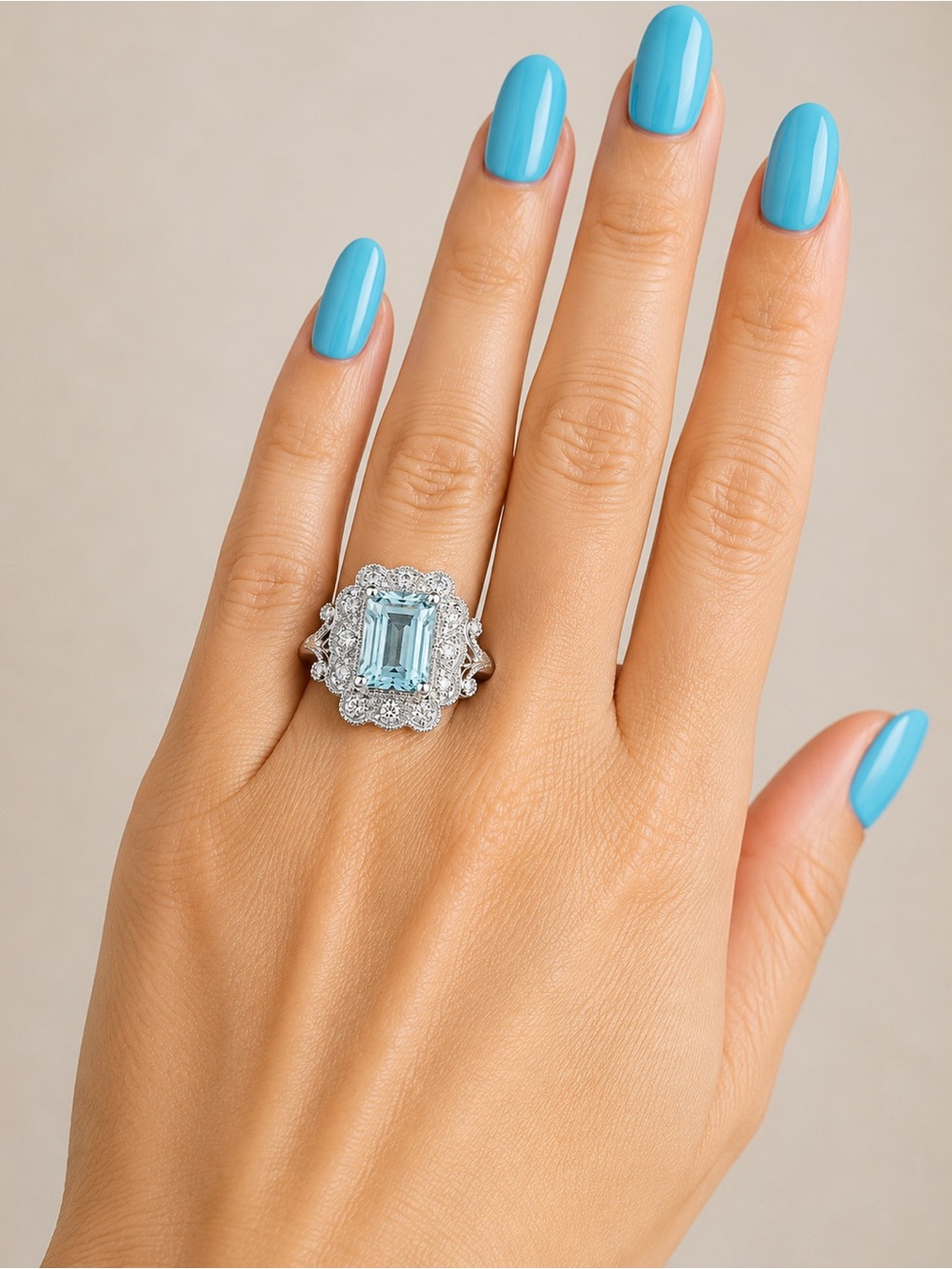 Aquamarine Emerald Cut 925 Silver .50 CTW Lab Diamond Halo Ring Size 7